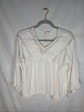 Adiva Cream Lace-Trim V-Neck Boho Blouse